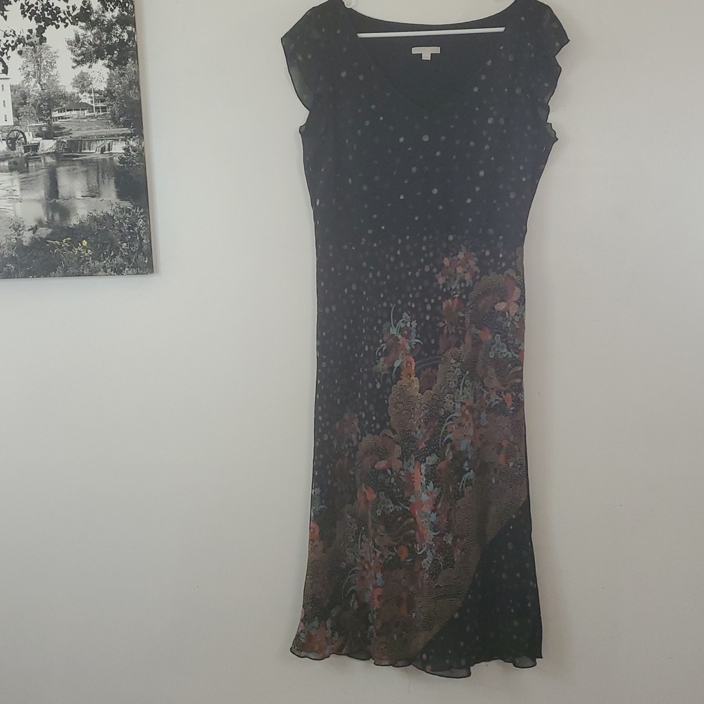 Vintage Calme Black Floral Sheer Overlay BoHo Dress Size Lg Flutter Split Sleeve